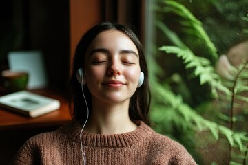 Relaxed young woman enjoying music, surrounded by lush greenery,