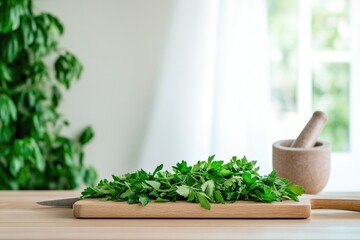 Fresh herbs on wooden board with mortar create vibrant, inviting