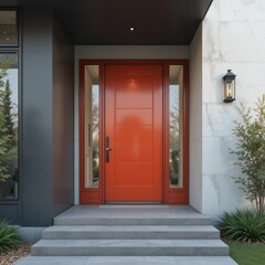 modern house entrance, vibrant orange door, sleek design, gray exterior, concrete steps, minimalist architecture, glass sidelights, wall sconce, potted plants, clean lines, contemporary style, contras