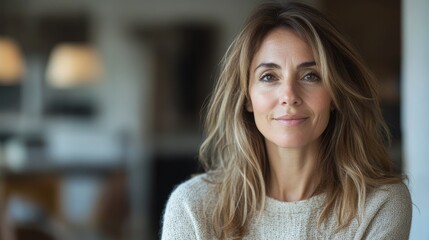 portrait of 45 years old European woman at home, copy space