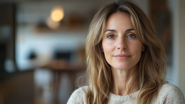 portrait of 45 years old European blonde woman at home