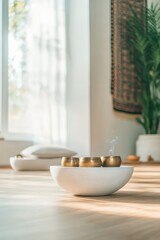 Calming scene with incense holder, soft light filtering through