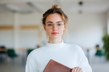 Confident young woman with glasses holds notebook in modern work