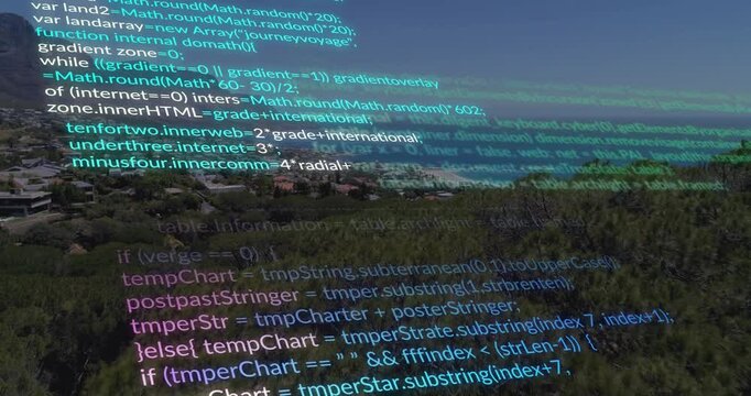 Aerial view of coastal landscape with animated computer code overlay