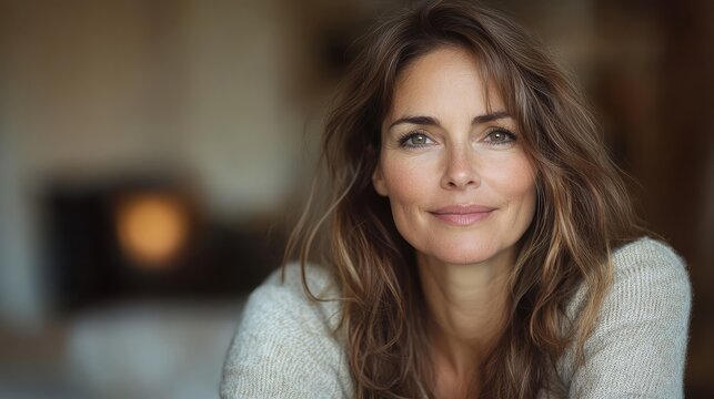 authentic portrait of 50 years old beautiful French woman at home, natural beauty