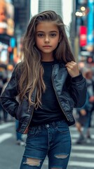 Fototapeta premium Girl posing Times Square city street fashion