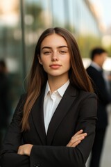 Confident businesswoman stands poised outdoors, exuding professi