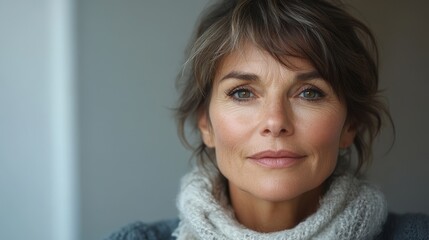 portrait of 55 years old French woman on light background
