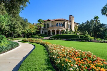 Obraz premium Luxurious Mediterranean-style mansion with manicured lawn and vibrant flowerbeds.