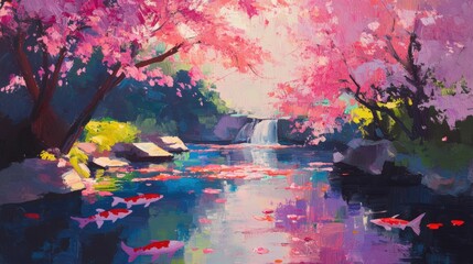 Pond with koi fish surrounded by blooming trees