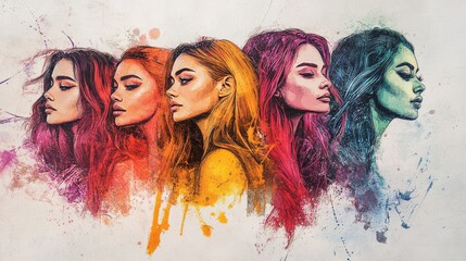 Obraz premium A vibrant depiction of five women, each with unique features and hairstyles