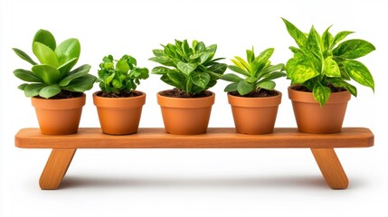 Obraz premium A set of five potted houseplants arranged on a wooden plant bench isolated on a white background. Generative AI