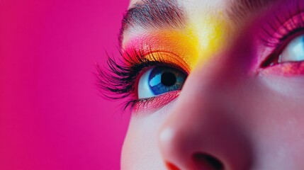 Bright female eye makeup showcasing trendy art design with colored shadows and false eyelashes on a vivid background