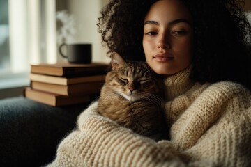 Cozy indoor scene featuring woman wrapped in knit sweater holdin