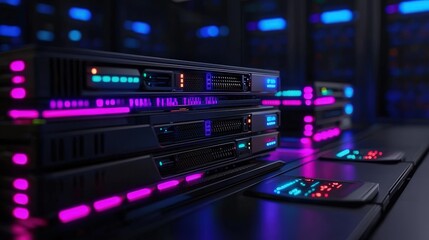 Stacked servers in a modern data center with glowing lights.