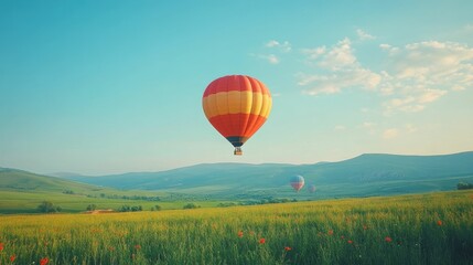 Fototapeta premium Scenic view of hot air balloons floating over green pastures and farmland, vibrant natural colors, clear blue sky, serene and picturesque