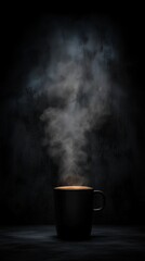 Steaming black coffee in a dark mug with moody lighting and textured background.