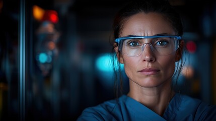 Female scientist with safety glasses in a modern laboratory setting.
