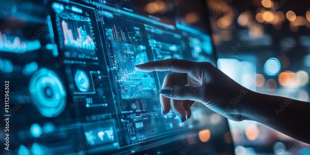 Aufkleber hand interacting with futuristic digital interface displaying data analytics and visualizations