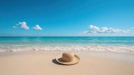 Straw hat on idyllic beach, turquoise ocean, sunny sky.