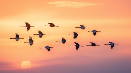 Group of cranes flying in the sky at sunset or sunrise.