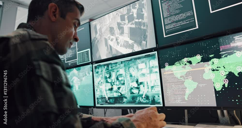 Poster army, man and computer screen for military safety, battle location and monitoring war. soldier, spy 