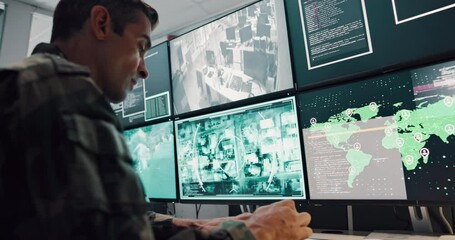 Army, man and computer screen for military safety, battle location and monitoring war. Soldier, spy feedback and global surveillance with satellite warning, government protection and secret services