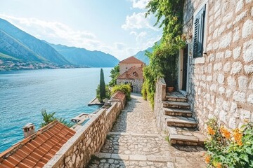 Stone paved street descending to the bay of kotor in perast, montenegro