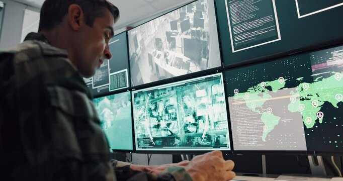 Army, man and computer screen for military safety, battle location and monitoring war. Soldier, spy feedback and global surveillance with satellite warning, government protection and secret services
