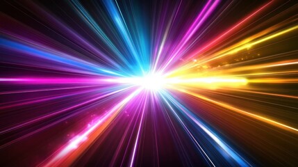 Obraz premium Abstract colorful light rays burst from central point, glowing streaks.