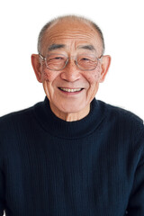Obraz premium Smiling elderly man with glasses on white background, showcasing happiness and wisdom, ideal for retirement, aging, and lifestyle themes in portrait photography.