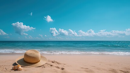 Straw hat on sandy beach with ocean view.