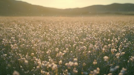Golden hour light illuminating a vast field of wildflowers.