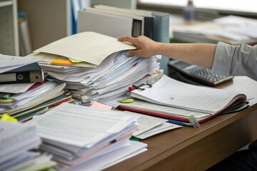 Hand reach for messy paper stack on desk. Paperwork overload problem
