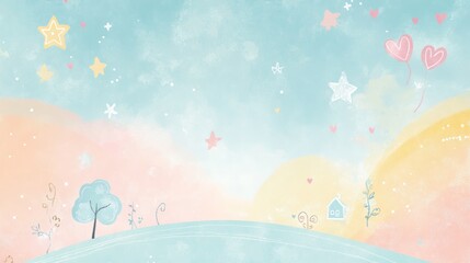 Pastel landscape with stars, hearts, and a small house on a hill.