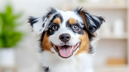 Happy dog smiles indoors. Pet portrait against a bright, homey background