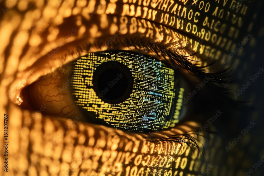 Poster close-up of eye with binary code reflection and digital elements