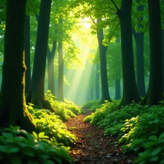Fototapeta premium Emerald green undergrowth bathed in warm sunlight, shafts of light illuminating the forest path, shadows, woods, path