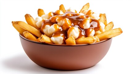 A Bowl of Poutine with Gravy Cheese Curds and Fries Isolated on White Background. Generative AI