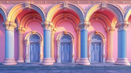 Fototapeta premium Vibrant architectural facade with colorful arches and doors under soft evening light