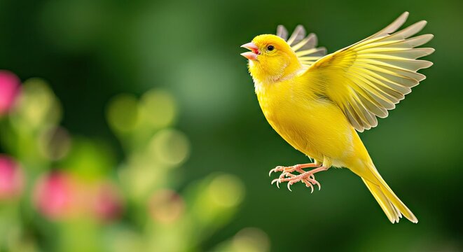 A yellow canary mid-flight, beak open in song, against a blurred green background