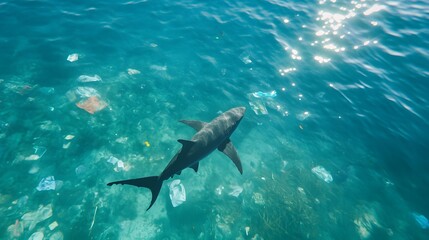 A giant shark swims through an ocean filled with plastic waste. Generative AI