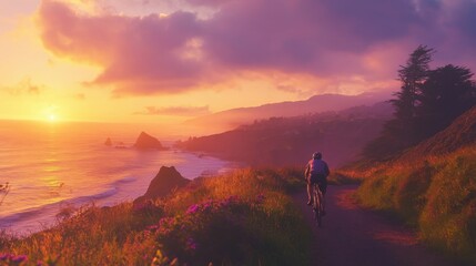 Obraz premium Man riding bicycle at sunset on scenic coastal path for relaxation and adventure