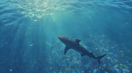 Fototapeta premium A giant shark swims through an ocean filled with plastic waste. Generative AI