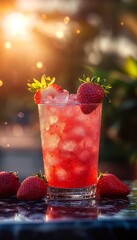 strawberry artisan cocktail in a glass on the beach