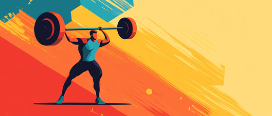 Dynamic Weightlifter in Flat Design Lifting Heavy Barbell with Strength and Focus Showcasing Power and Determination in a Minimalist Style for Fitness and Sports Enthusiasts