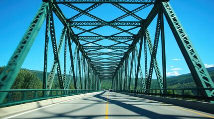 Fototapeta premium A well-constructed steel bridge features symmetrical truss beams, providing a sturdy pathway across a highway. The setting enjoys a clear blue sky and surrounding greenery