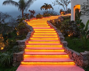 Fototapeta premium Illuminated Steps, Tropical Garden Ascent