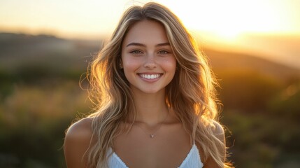 Woman with blonde hair portrait in sunny day in field