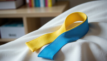 Symbolic blue and yellow ribbon for Down Syndrome awareness